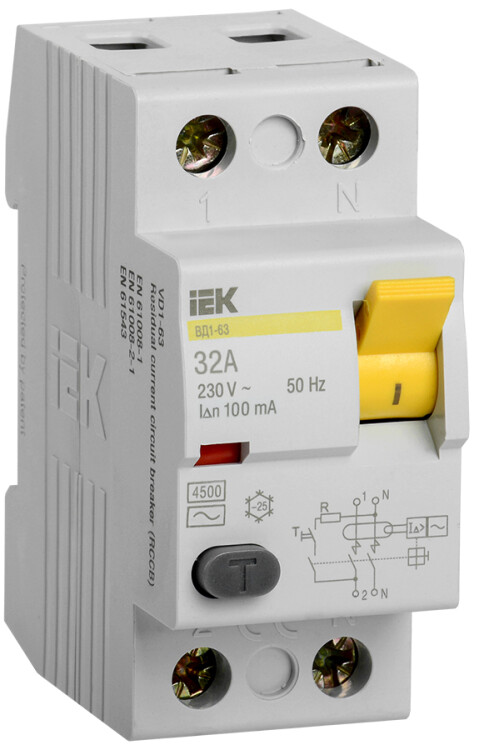 Устр-во защит. откл. (УЗО, ВДТ) 2-пол. (2P)  32А 100мА тип AC ВД1-63 IEK